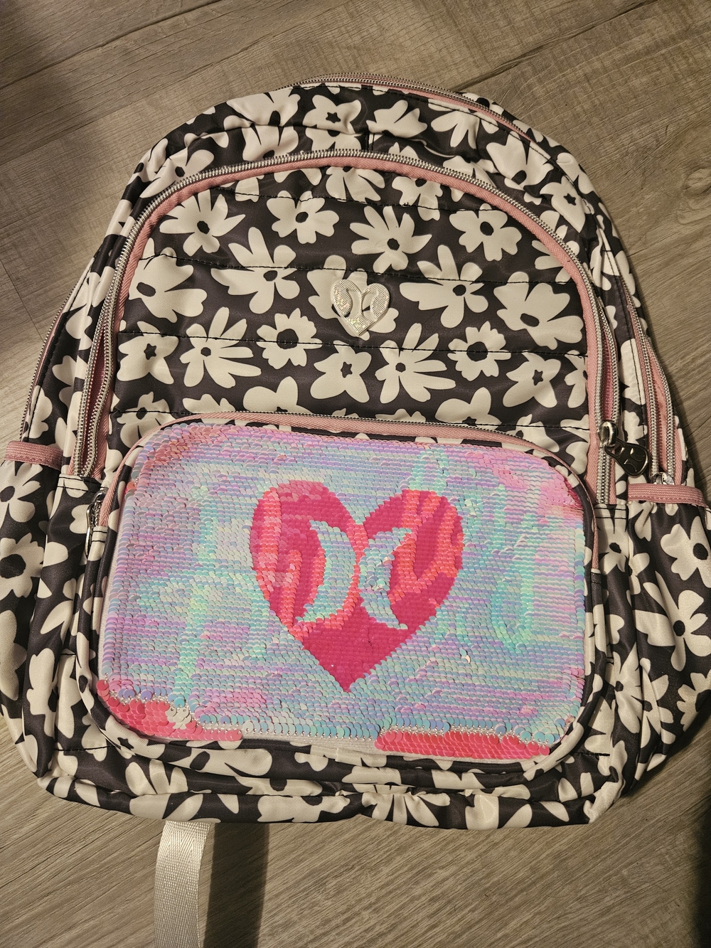 Hurley White and Black Flower Backpack With Sequin Changing Pattern